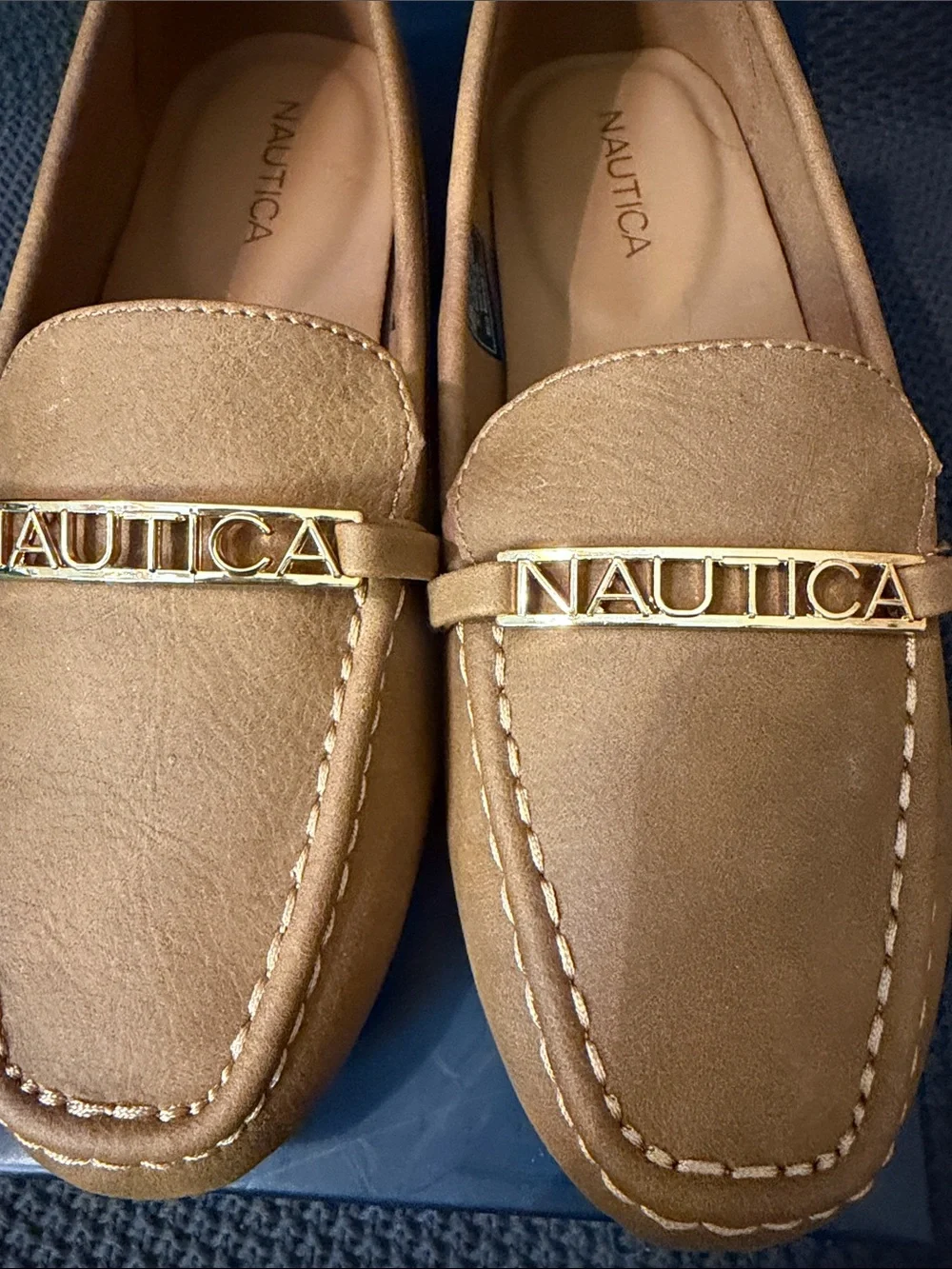 Women’s Tan Suede Slip-On Loafers with Gold Accent